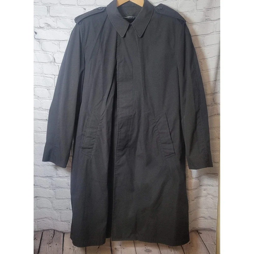 Vintage Centre Mfg Co Raincoat‎ Mens 42R Black Removable Liner Army 80s Overcoat